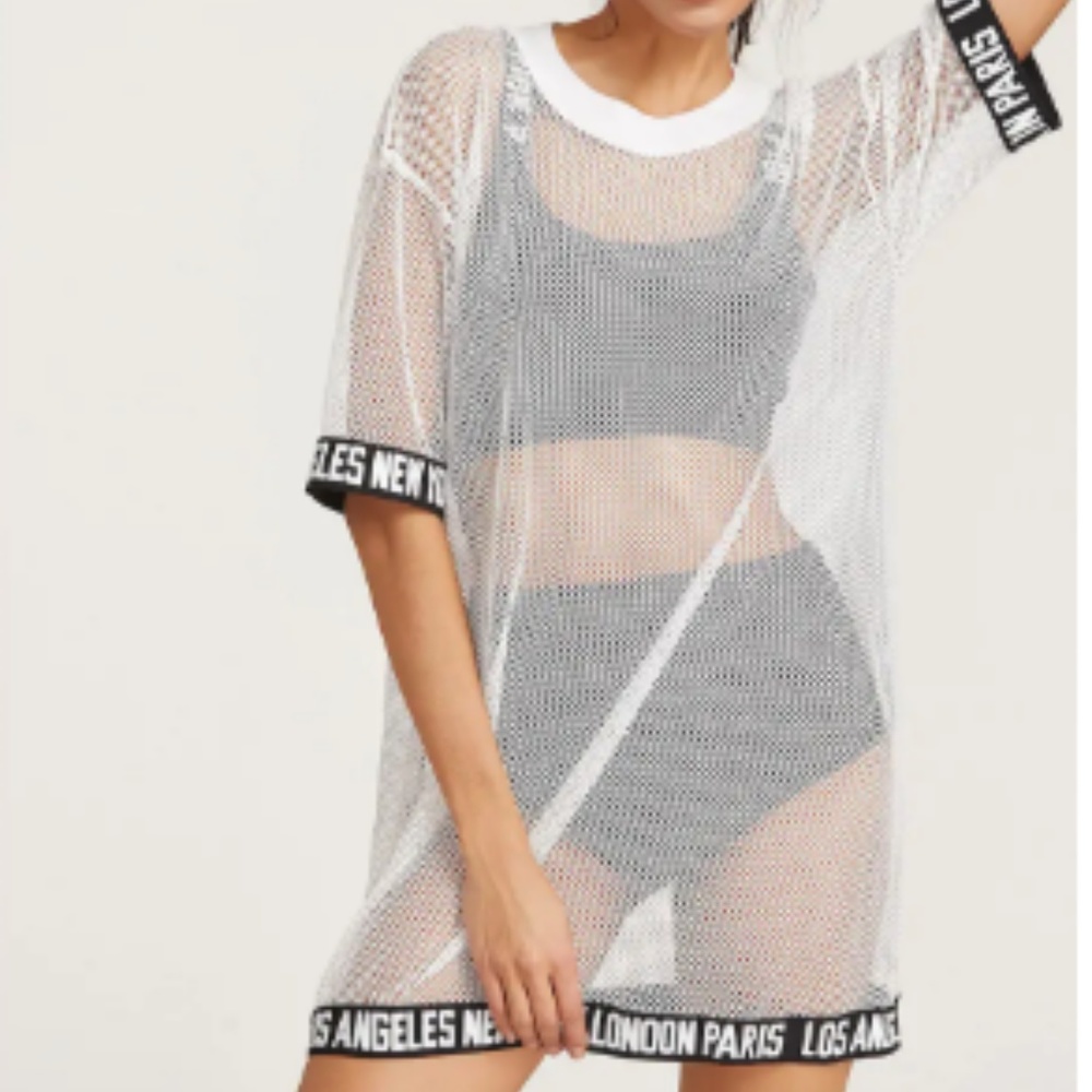 Logo Trim Cover Up Fishnet Tee Dress
